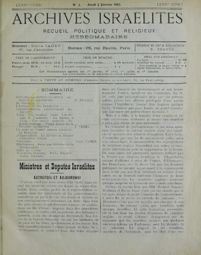 Archives israélites de France. Vol.74 N°01 (02 janv. 1913)